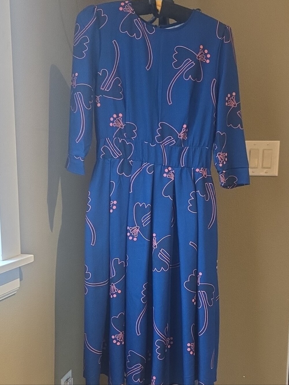Blue Floral Midi Dress with Pink Accents